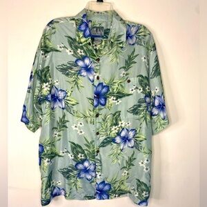 Mens Silk Traders Green Floral Hawaiian Short Sleeve Button Up Silk Shirt Large